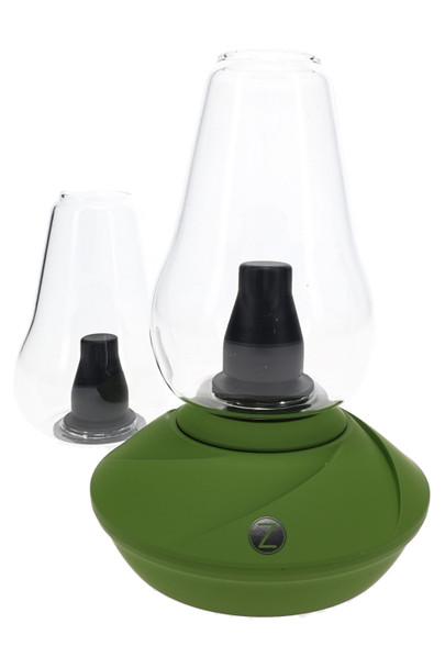 Zenco Duo Leaf desktop vaporizer with green base and two glasses, retail smoke gear display item