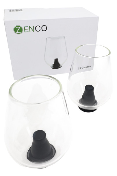 Zenco Sommelier 2-glass set with white retail box and black diffusers, wholesale vape accessory