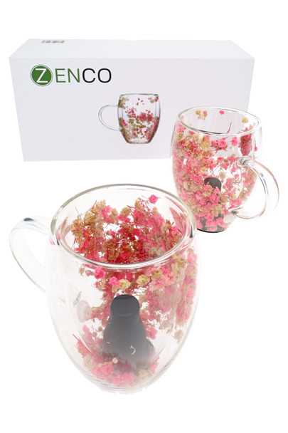 Zenco Flora Cafe 2-glass set with retail box and pink dried flowers, wholesale vape accessory