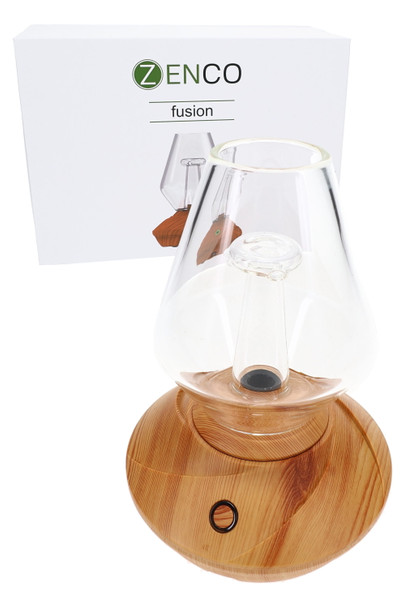 Zenco Fusion desktop vaporizer kit with wood base, Fusion glass, and box for wholesale vape resale