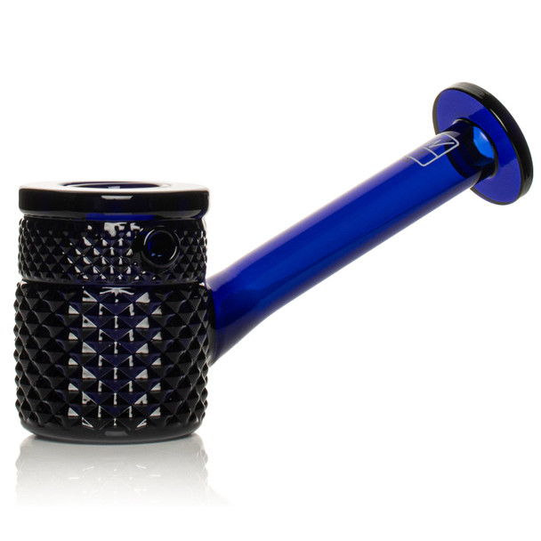 Cobalt Jane West Twenties glass hand pipe side view with flat base, wholesale glass pipe display