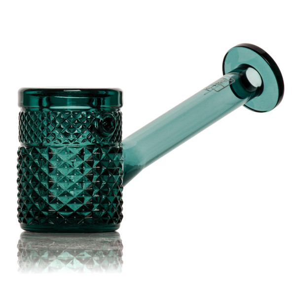 Teal Jane West Twenties glass hand pipe side view with textured bowl, wholesale head-shop supply