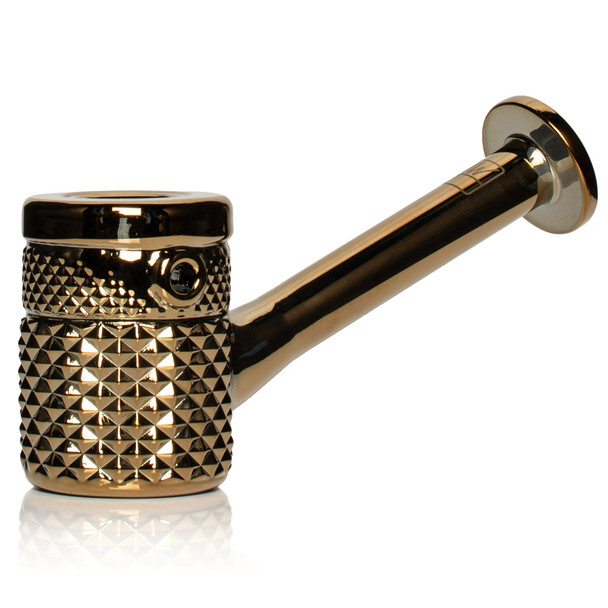 Gold Jane West Twenties glass hand pipe side view with metallic finish, retail smoke shop glass
