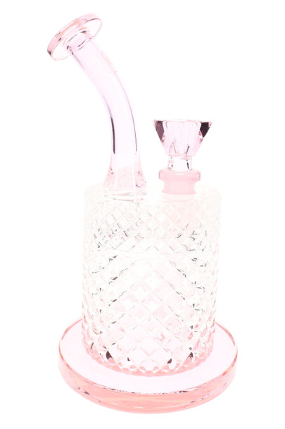 Pink Jane West Twenties glass water pipe with pale rose accents and textured chamber, wholesale glass