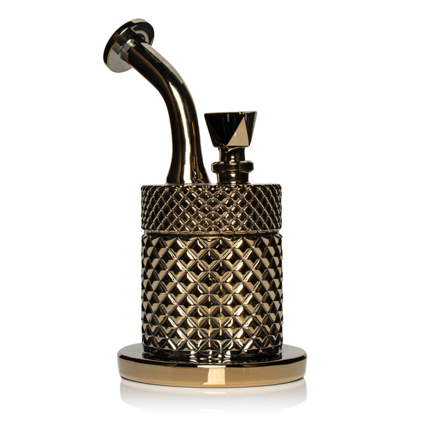 Gold Jane West Twenties glass water pipe front view with metallic body, wholesale glass showcase item
