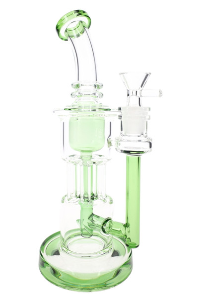 Green-accented 9.5" stemless glass recycler water pipe for smoke shop showcase displays.