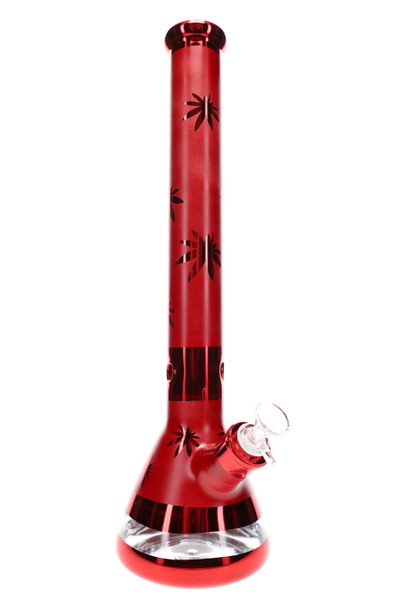 Wholesale 18" red metallic leaf glass beaker water pipe with ice pinch and clear bowl, front view.