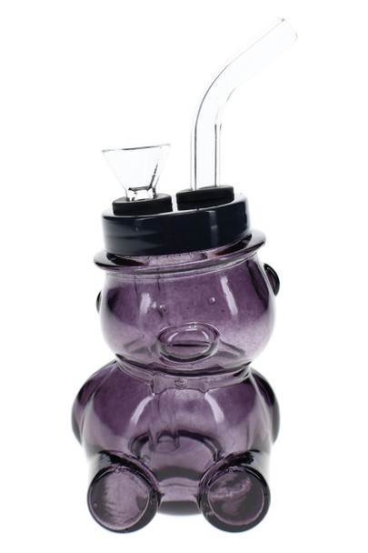 Smoke purple 4" bear-shaped glass water pipe with black lid for compact retail smoke gear displays.