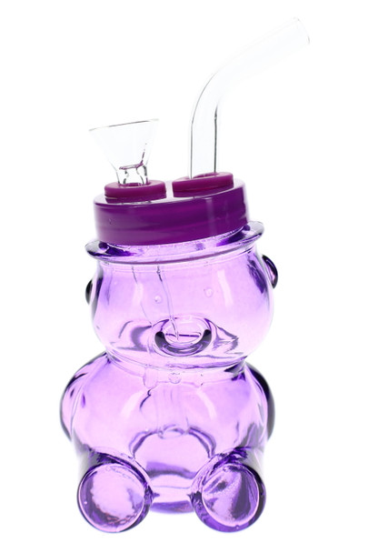 Purple 4" bear-shaped glass water pipe with matching top and clear bent mouthpiece for shop cases.
