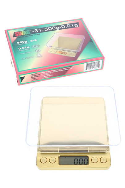 Gold Swag 500 g digital pocket scale with pink retail box for head-shop supplies shelves
