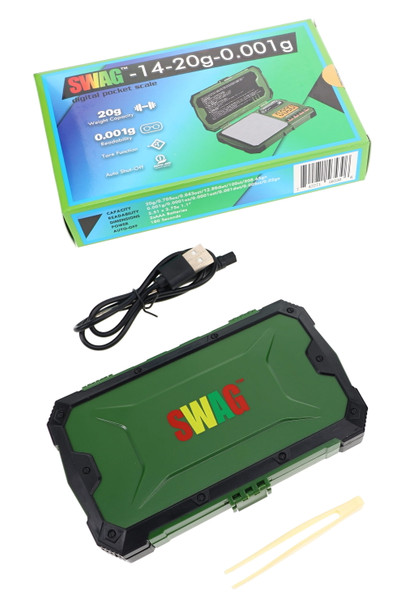 Green Swag 20 g pocket scale with retail box, USB cable, weight, and tweezers for head-shop supplies