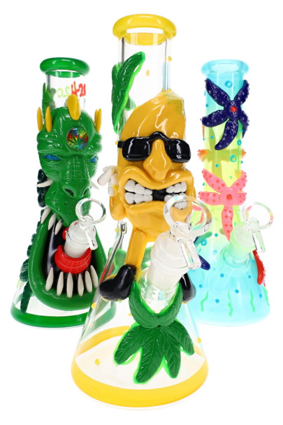 Assorted 10" resin art GoG beaker water pipes with bold character designs for wholesale glass displays