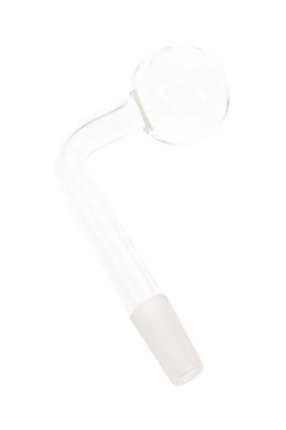 Clear 10 mm male glass oil burner attachment for wholesale smoke shop parts, angled front view