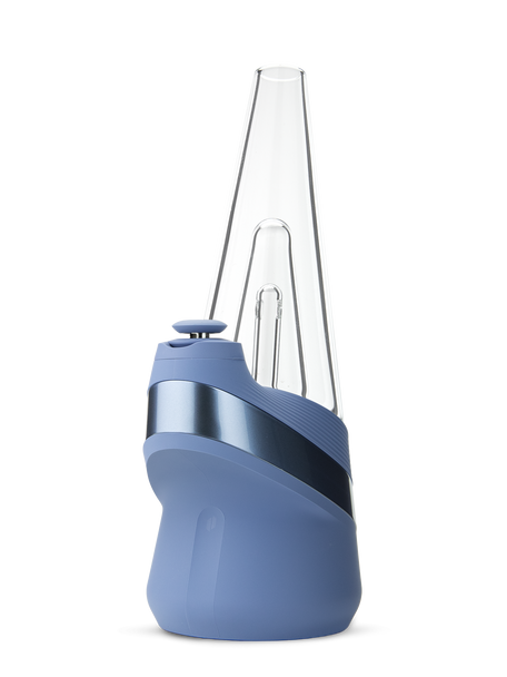 Wholesale Puffco New Peak Sapphire smart e-rig angled left view with blue base and clear glass top