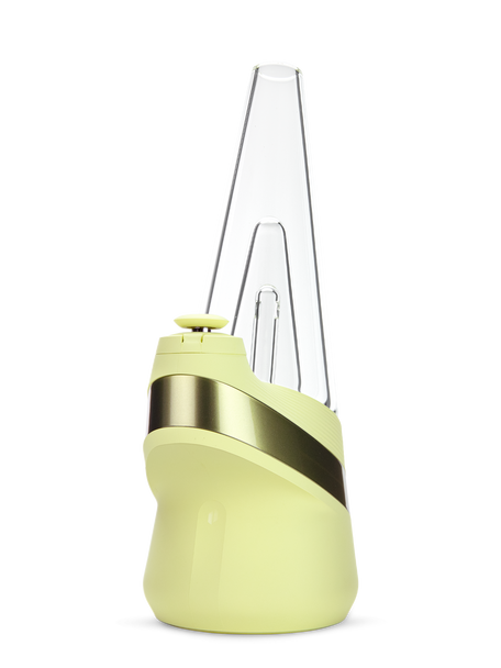 Wholesale Puffco New Peak Zest smart e-rig angled left view with pale yellow-green base and glass top