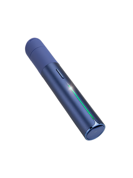 Wholesale Puffco Pivot Sapphire dab pen angled front view with blue body and green light bar