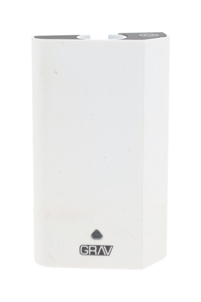 White GRAV Gem-In-Eye vape pen shown upright with minimalist rectangular housing and logo detail