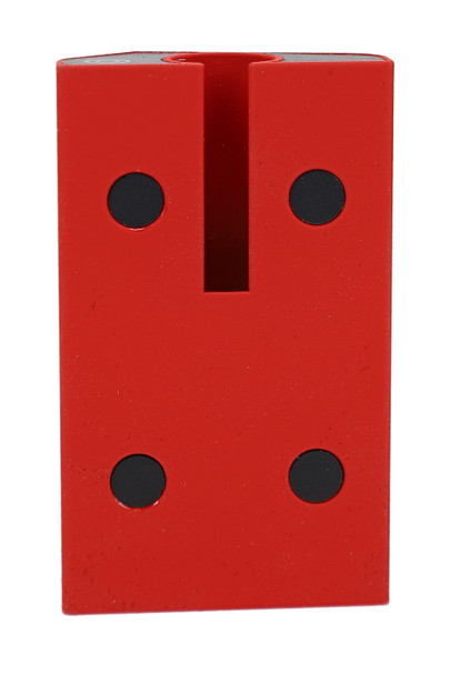 Bottom view of red GRAV Gem-In-Eye vape pen showing four rubber feet and recessed base opening