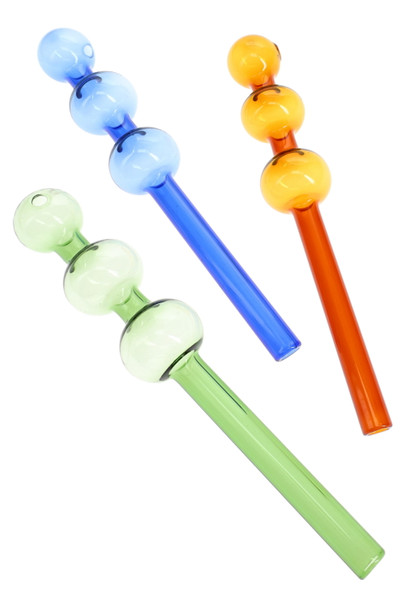 Three 7.5" colored glass triple oil burner pipes for wholesale smoke shop displays in blue, green, and amber