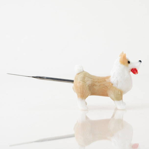 Empire Glassworks Corgi Dabber for wholesale dab accessories, front view with tan and white glass detail