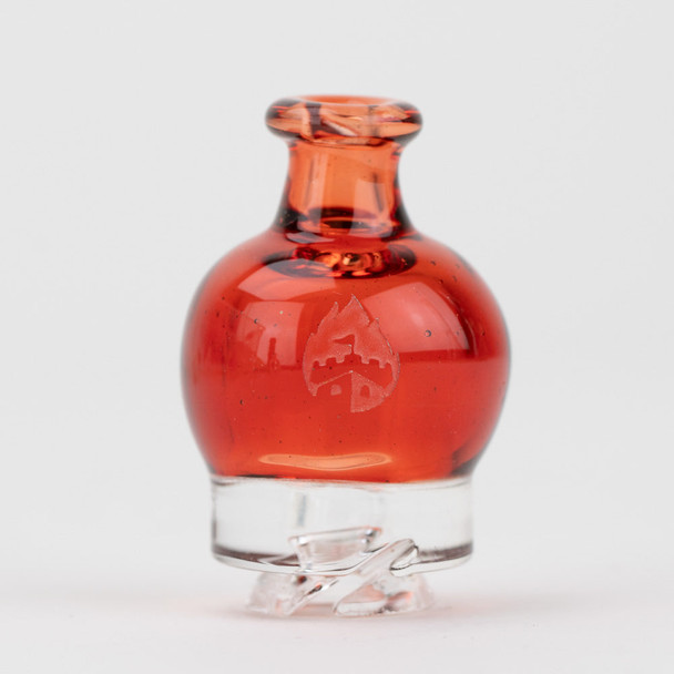 Transparent Red Puffco Pivot glass mouthpiece for wholesale vape accessories, front view with flame logo
