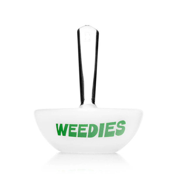 White Weedies cereal bowl glass hand pipe with green logo and upright clear mouthpiece