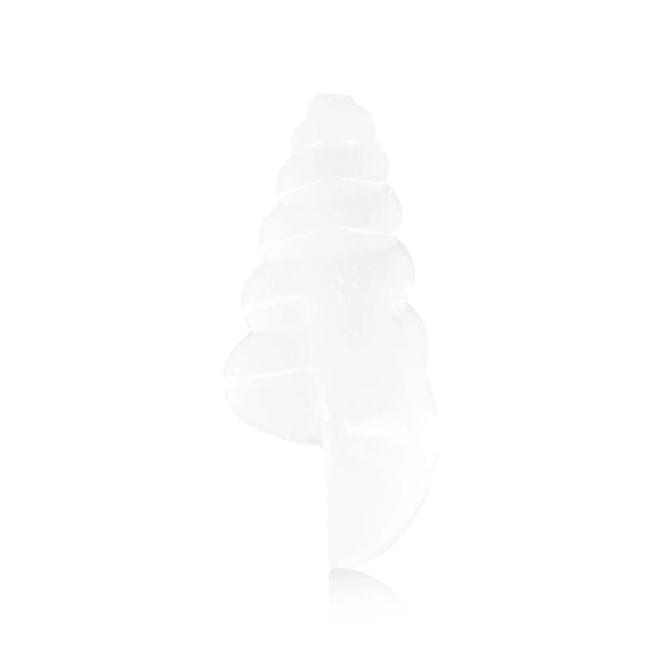 White shell-shaped glass hand pipe shown in side profile with rounded base and vertical mouthpiece area