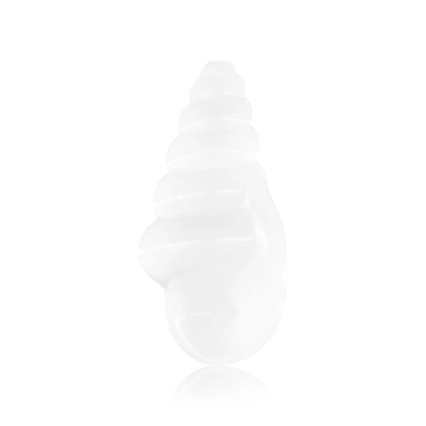 Translucent seashell glass hand pipe rotated to show bowl end and spiral body detailing