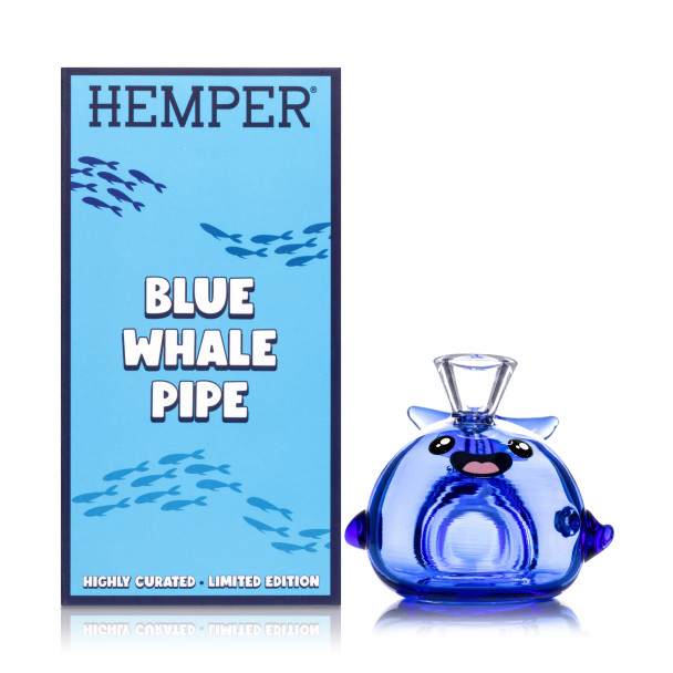 Hemper Blue Whale Pipe box beside blue whale-shaped glass hand pipe for retail shelf identification
