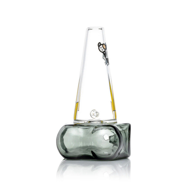 Tornado glass hand pipe angled to show clear tapered mouthpiece, smoky base, and side carb