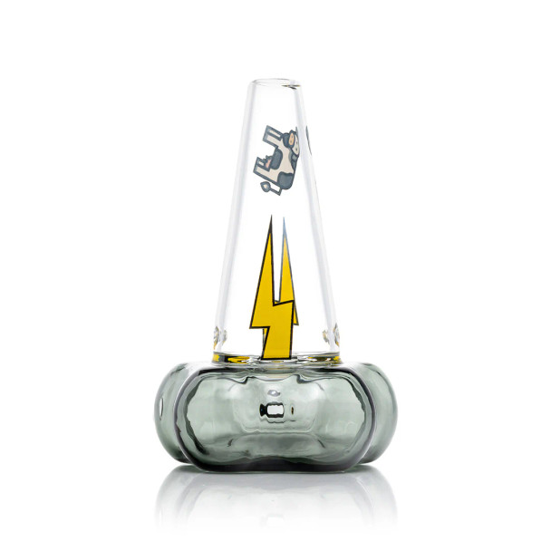 Front view of Hemper Tornado hand pipe with yellow bolt decal and dark cloud-style bowl base