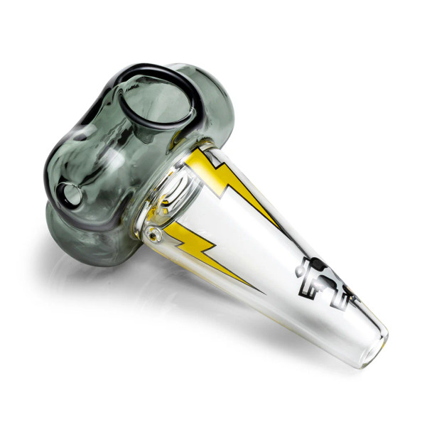 Tornado hand pipe laid at an angle showing bowl opening, side carb, cow graphic, and bolt decals