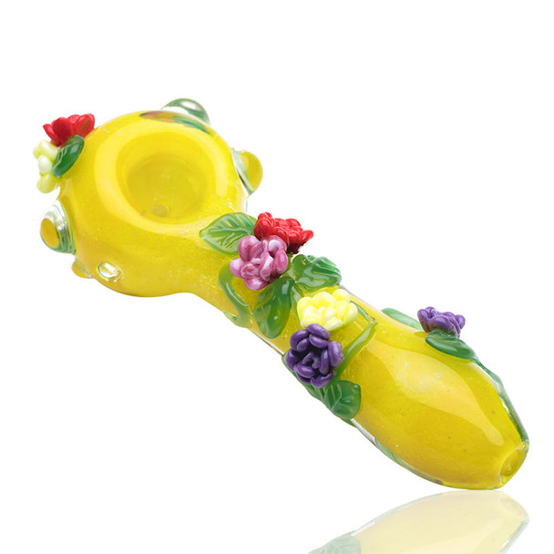 4" Empire Glassworks Sunshine Garden spoon pipe with colorful floral glass artwork shown from side angle