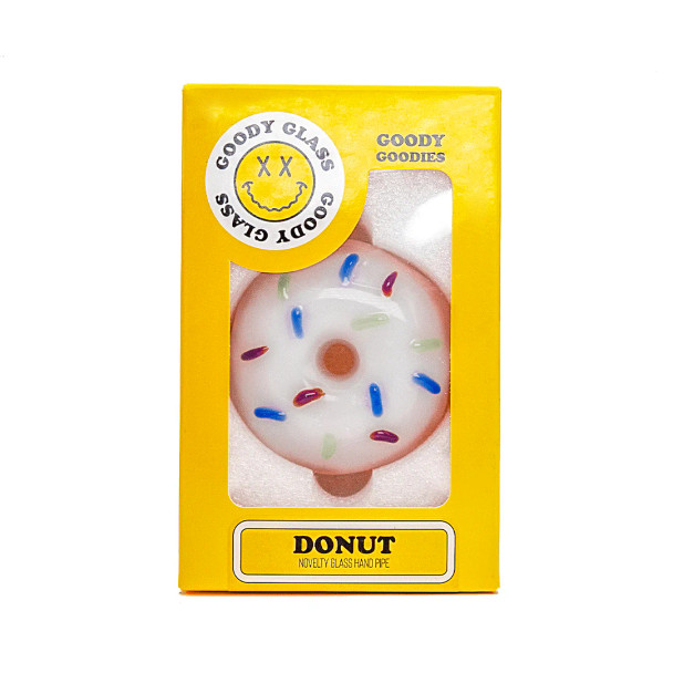 Goody Glass Donut novelty hand pipe in yellow Goody Goodies retail box with front display window