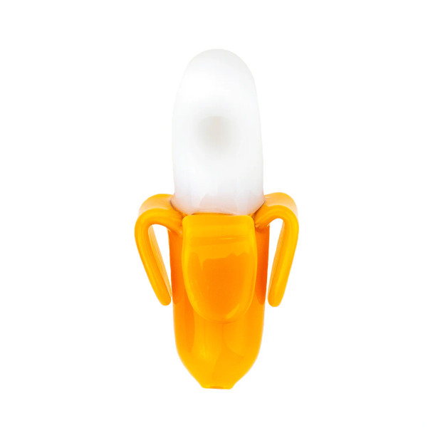 Banana-shaped glass hand pipe with yellow peel details and white banana body shown front-facing
