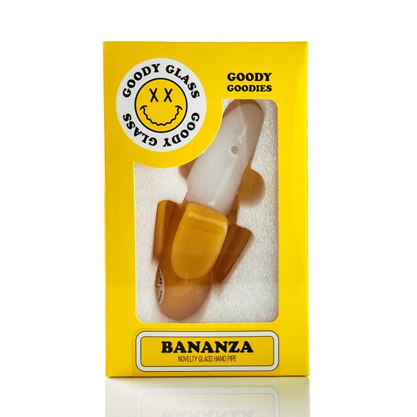 Goody Glass Bananza novelty hand pipe in yellow Goody Goodies box with front display window