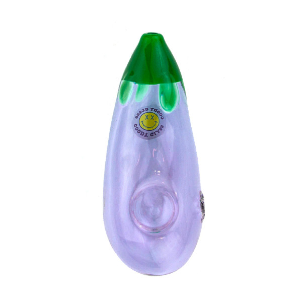 Purple eggplant-shaped glass hand pipe with green top and Goody Glass produce sticker detail