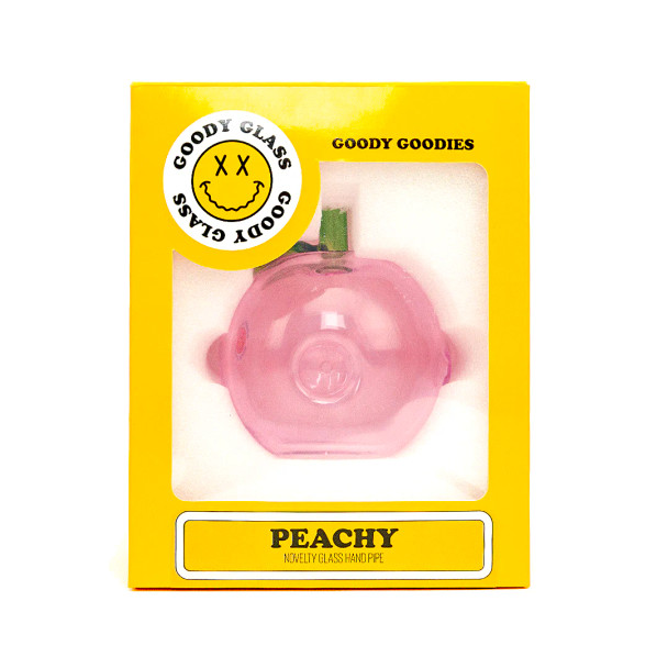 Goody Glass Peachy novelty hand pipe in yellow Goody Goodies box with front display window