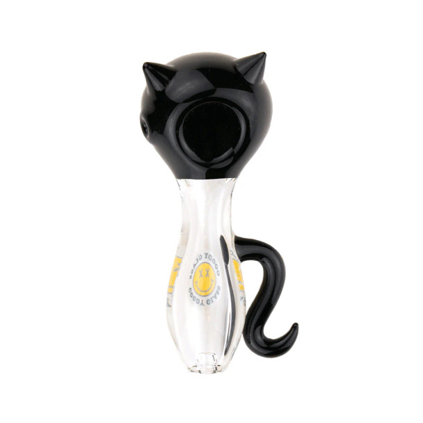 Black cat-shaped glass hand pipe with pointed ears, clear body, and curled black tail