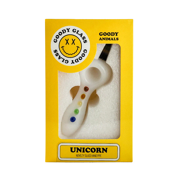 Goody Glass Unicorn novelty hand pipe in yellow Goody Animals box with front display window