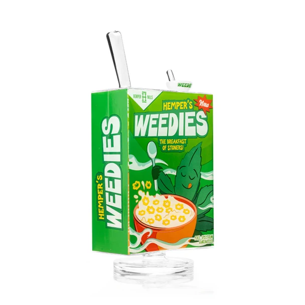 Angled side view of Hemper Weedies XL bong with green box body and bold side logo panel