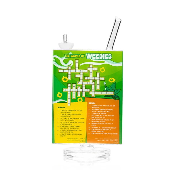 Rear view of Hemper Weedies cereal box XL bong with maze artwork and clear angled mouthpiece