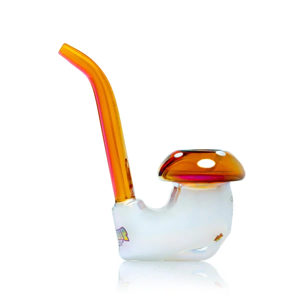 Side view of white Nermal sherlock pipe with curved amber mouthpiece and mushroom cap bowl
