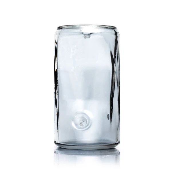 Rear view of clear crushed can hand pipe showing round bowl detail through the glass body