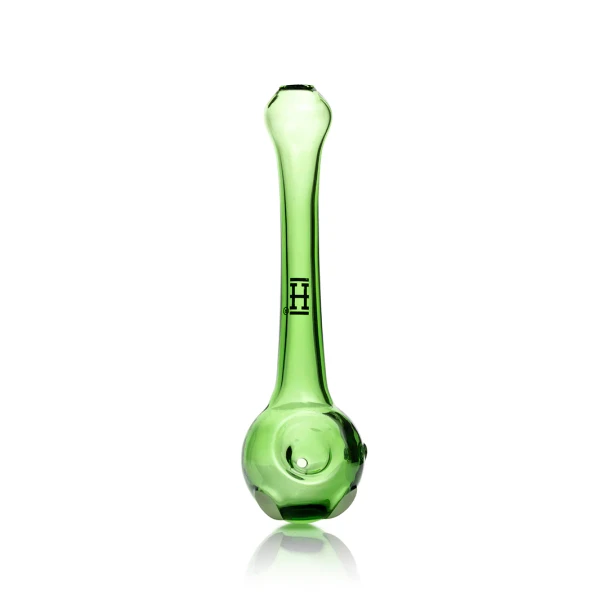 Top view of transparent green Hemper alien hand pipe with straight stem and round bowl opening