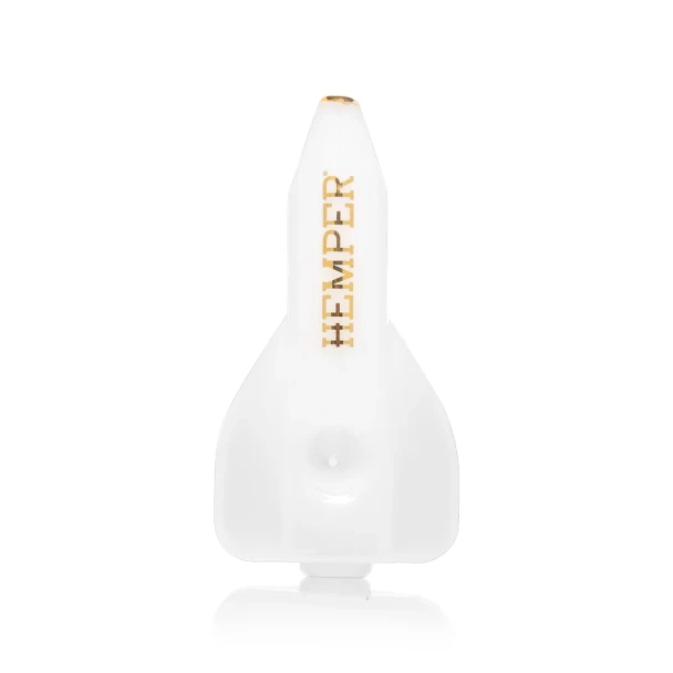 Front view of white space shuttle glass hand pipe with gold Hemper logo and bottom bowl detail