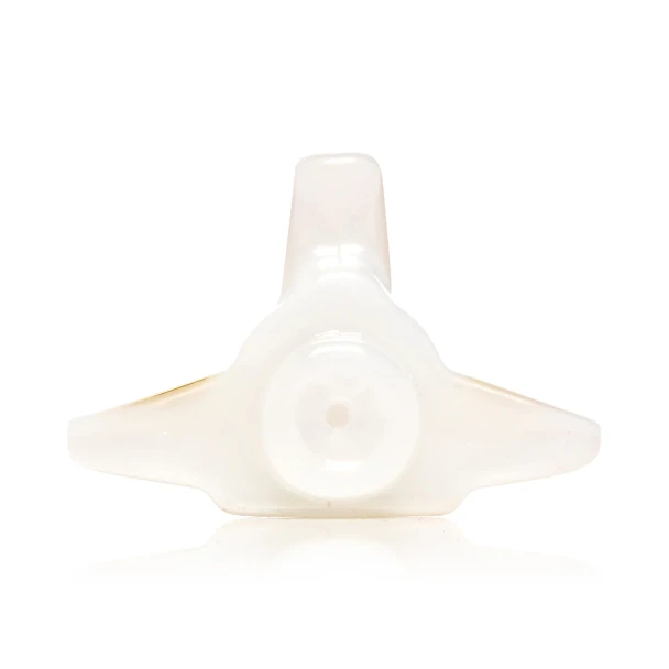 Underside view of space shuttle hand pipe showing white glass body, wings, and round bowl opening