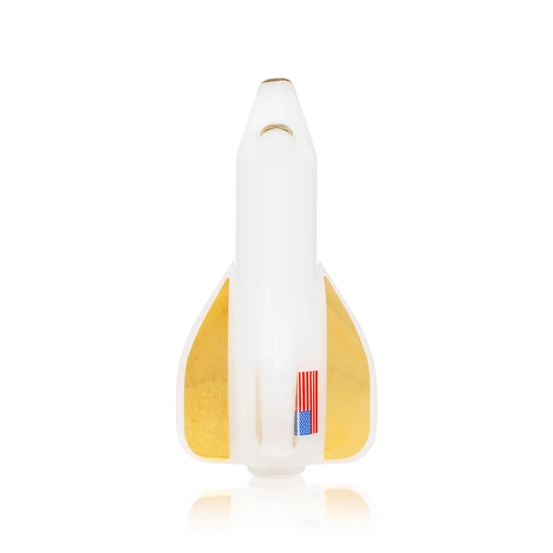 Top view of space shuttle glass hand pipe with white body, gold fins, and American flag detail