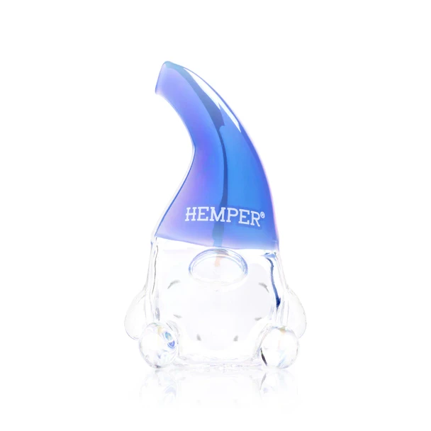 Front view of Hemper gnome hand pipe with curved blue hat, clear body, side bowl, and round feet