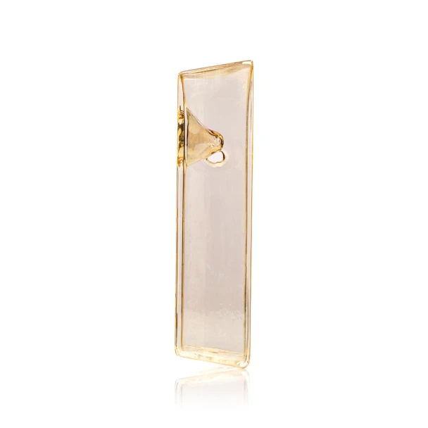 Opposite side view of gold brick hand pipe with side bowl detail and translucent gold glass body